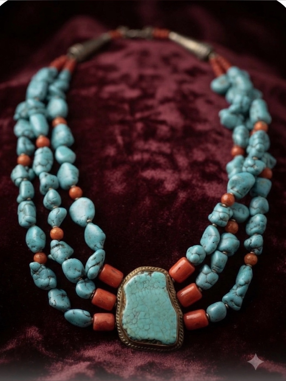 Brass Turquoise Coral Multi-ethnic style necklace- at 159g